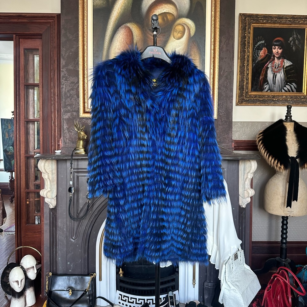 Paolo Moretti Blue Black Fox Fur Jacket 3/4 Sleeve Size 48 - Picture 2 of 9